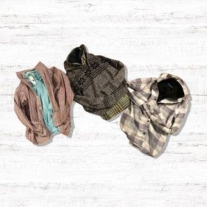 3 button down plaid shirts, grey half zip sweater, 3 polos shirt sleeve shirts